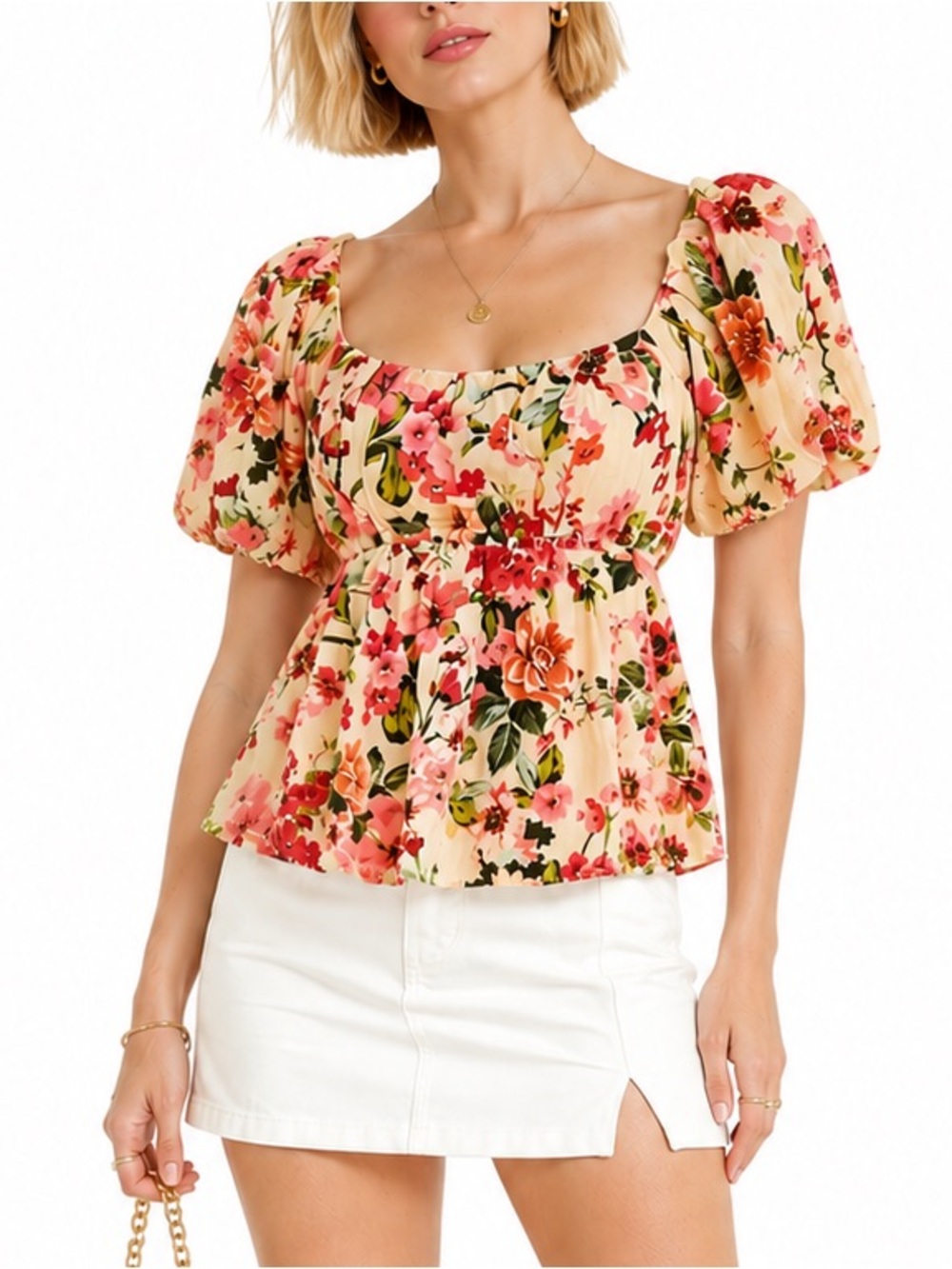 NWT Meraki Floral Puff-Sleeve Peplum Blouse Size S